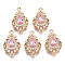 Brass Micro Pave Cubic Zirconia Links Connectors, with Glass, Long-Lasting Plated, Teardrop, Light Gold, Pink, 20x12x5mm, Hole: 1.4mm