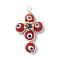 Brass Wire Wrapped Handmade Evil Eye Lampwork Pendants, with Glass Beads, Cross Charm, Red, 40x24x8.5mm, Hole: 3mm