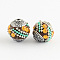 Handmade Indonesia Beads, with Light Topaz Rhinestones and Alloy Cores, Round, Antique Silver, Coconut Brown, 14~16x14~16mm, Hole: 1.5mm