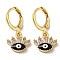 Real 18K Gold Plated Brass Dangle Leverback Earrings, with Enamel and Glass, Evil Eye, Black, 23x11.5mm