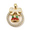 Christmas Brass Micro Pave Cubic Zirconia Pendants, Cadmium Free & Lead Free, with Enamel and Synthetic Opal, Christmas Wreath, Seashell Color, 25.5x22.5x6mm, Hole: 5x3mm