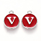 Platinum Plated Alloy Enamel Charms, Cadmium Free & Lead Free, Enamelled Sequins, Flat Round with Letter, Red, Letter.V, 14x12x2mm, Hole: 1.5mm