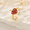 Fruit Themes Brass Cuff Open Rings for Women, with Enamel, Golden, Strawberry, 9x8mm, Inner Diameter: 16mm~18mm