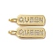 Brass Micro Pave Cubic Zirconia Pendants, Rectangle with Word Queen, Long-Lasting Plated, Cadmium Free & Lead Free, Rack Plating, Real 18K Gold Plated, 27x8x1.5mm, Hole: 4.5x3mm
