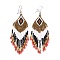 Glass Seed Braided Rhombus with Tassel Chandelier Earrings, Bohemian Brass Wire Wrap Drop Earrings for Women, Mixed Color, 90mm, Pin: 0.6mm