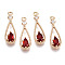 Brass Micro Pave Cubic Zirconia Pendants, with Glass, Teardrop, Long-Lasting Plated, Light Gold, Red, 17.5x6x2.5mm, Hole: 1mm