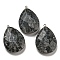 Natural Labradorite Pendants, Faceted Teardrop with Stainless Steel Color Tone 301 Stainless Steel Loops, 39~40x27~28x10~10.5mm, Hole: 1.2~2mm