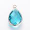 Glass Pendants, with Brass Findings, Faceted, Drop, Light Gold, Sky Blue, 14x7.5x4mm, Hole: 1.8~2.3mm