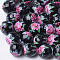 Printed & Spray Painted Glass Beads, Round with Flower Pattern, Black, 10~10.5x9.5mm, Hole: 1.6mm