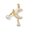 Rack Plating Brass Pendant, with Resin & Cubic Zirconia & Plastic Pearl, Lead Free & Cadmium Free, Long-Lasting Plated, Moon & Butterfly, Real 18K Gold Plated, 28x17.5x6mm, Hole: 4.5x3mm