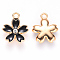 Alloy Enamel Pendants, with Crystal Rhinestone, Sakura Flower, Light Gold, Black, 17x14x3mm, Hole: 1.8mm