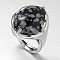 Teardrop Platinum Tone Brass Gemstone Adjustable Wide Band Rings, Snowflake Obsidian, 18mm, Tray: 20x17mm