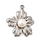 304 Stainless Steel Pendants, Flower Charm, with ABS Plastic Imitation Pearl, Stainless Steel Color, 22x19x7mm, Hole: 2mm