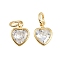 Brass with Cubic Zirconia Pendants, Heart Charms, with Jump Ring, Rack Plating, Long-Lasting Plated, Lead Free & Cadmium Free, Real 18K Gold Plated, 9x7x3.5mm, Hole: 3.5mm