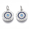 Brass Micro Pave Cubic Zirconia Charms, Flat Round, Nickel Free, Blue, Real Platinum Plated, 14.5x12x2mm, Jump Ring: 5x0.8mm, Inner Diameter: 3mm