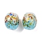 Handmade Lampwork Beads, Barrel with Flower, Two Tone, Medium Turquoise, 13~14x11.5~12mm, Hole: 1.2~2.5mm