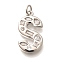 Brass Micro Pave Clear Cubic Zirconia Pendants, with Jump Ring, Lead Free and Cadmium Free, Long-Lasting Plated, Rack Plating, Letter Charms, Platinum, Letter S, 21x11.5x2.7mm, jump ring: 5x1mm, 3mm inner diameter.