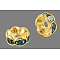 Brass Grade A Rhinestone Spacer Beads, Wavy Edge, Rondelle, Nickel Free, Golden, Aquamarine, 12x4mm, Hole: 2.5mm