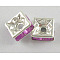 Brass Rhinestone Spacer Beads, Grade A, Square, Silver, Amethyst, 6x6x2.8mm, Hole: 1mm