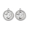 Brass Micro Pave Clear Cubic Zirconia Pendants, Cadmium Free & Nickel Free & Lead Free, Flat Round with Moon Charms, Real Platinum Plated, 16x13x2.5mm, Hole: 1mm