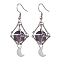 Natural Amethyst Dangle Earrings, Macrame Pouch Brass Long Drop Earrings, Moon, 54x16mm