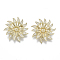 Brass Micro Pave Clear Cubic Zirconia Brooch Findings, For Half Drilled Beads, Flower, Nickel Free, Real 18K Gold Plated, 31x32mm, Pin: 0.7mm