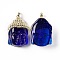 Medium Blue Glass Pendants, with Rack Plating Brass Findings, Buddha Head, Light Gold, 38.5x26x15.5mm, Hole: 4.5x6.5mm