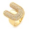 Brass Micro Pave Clear Cubic Zirconia Letter Open Cuff Ring for Women, Real 18K Gold Plated, Letter U, 22x19.5mm, Inner Diameter: 21mm