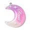 Gradient Color Translucent Resin Pendants, Glitter Moon Charms with Platinum Tone Iron Loops, Plum, 40x34x5mm, Hole: 2mm