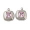 304 Stainless Steel Charms, with Pink Glass, Square, Stainless Steel Color, 14.5x12x3mm, Hole: 1.2mm