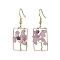 Natural Lepidolite/Purple Mica Stone Chips Tree Dangle Earrings, Rectangle Real 18K Gold Plated Brass Drop Earrings with 304 Stainless Steel Earring Pins, 44x16.5~17mm