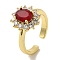 Rack Plating Brass Micro Pave Cubic Zirconia Cuff Rings, Long-Lasting Plated, Lead Free & Cadmium Free, Flower, Red, adjustable