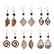 6 Pairs 6 Styles Natural Walnut Wood Dangle Earrings for Women, Mixed Shapes, Sienna, 72~73x20~25mm