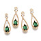 Brass Micro Pave Cubic Zirconia Pendants, with Glass, Teardrop, Long-Lasting Plated, Light Gold, Sea Green, 17.5x6x2.5mm, Hole: 1mm