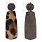 Eco-Friendly Cowhide Leather Big Pendants, with Dyed Wood and 304 Stainless Steel Jump Rings, Rectangle with Leopard Print, Camel, 75mm