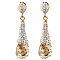 Real 18K Gold Plated Brass Rhinestone Teardrop Stud Earrings, Light Peach, 46x10mm