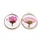Transparent Clear Epoxy Resin Pendants, with Edge Golden Plated Brass Loops and Gold Foil, Flat Round Charms with Inner Flower, Hot Pink, 33.8x30x4mm, Hole: 2.5mm