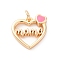 Mother's Day Brass Enamel Pendants, Cadmium Free & Nickel Free & Lead Free, with Jump Ring, Real 18K Gold Plated, Heart with Word Mama Charm, Pink, 15x15.5x3mm, Hole: 3mm