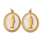 304 Stainless Steel Enamel Pendants, Oval with Fish Charm, with Jump Ring, Ion Plating(IP), Real 18K Gold Plated, White, 23.5x17.5x2mm, Hole: 2.5mm