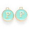 Golden Plated Alloy Enamel Charms, Cadmium Free & Lead Free, Enamelled Sequins, Flat Round with Letter, Turquoise, Letter.P, 14x12x2mm, Hole: 1.5mm