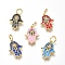 Brass Micro Pave Cubic Zirconia Pendants, with Enamel, Hamsa Hand/Hand of Fatima/Hand of Miriam, Mixed Color, Golden, 19x13x2mm, Hole: 4mm