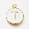 Brass Enamel Pendants, Long-Lasting Plated, Golden, White, Flat Round, Letter.T, 16.5x13x2mm, Hole: 1.5mm
