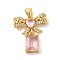Rack Plating Brass Micro Pave Cubic Zirconia Pendants, Cadmium Free & Lead Free, Long-Lasting Plated, Real 18K Gold Plated, Bowknot with Rectangle, Pink, 22x19x4.5mm, Hole: 5x3.5mm