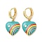 Heart with Rainbow Real 18K Gold Plated Brass Dangle Hoop Earrings, with Cubic Zirconia and Enamel, Medium Turquoise, 34.5x18mm