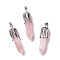 Natural Rose Quartz Big Pointed Pendants, with Platinum Tone Brass Findings, Cadmium Free & Lead Free, Bullet with Leaf, 53.5~57x14~15x14~15mm, Hole: 7x4mm