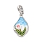 Brass Enamel Pendants, with Resin, Cadmium Free & Nickel Free & Lead Free, Irregular Oval with Flower Charms, Platinum, 33.5mm, Hole: 6x4.5mm