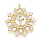 Brass Micro Pave Clear Cubic Zirconia Pendants, Cadmium Free & Lead Free, Flat Round & Cross, with Shell & ABS Imitation Pearl, with Jump Ring, Real 18K Gold Plated, 26x26x3.5mm, Hole: 3.5mm