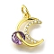 Moon Rack Plating Brass Micro Pave Cubic Zirconia Pendant, with Jump Ring, with Glass Rhinestone,Lead Free & Cadmium Free, Long-Lasting Plated, Golden, Medium Purple, 14x13x5mm