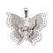 Brass Rhinestone Pendants, Filigree Charms, Platinum, Butterfly, 30x36x8.5mm, Hole: 6x3mm