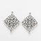 Tibetan Style Alloy Links connectors, Rhombus, Cadmium Free & Nickel Free & Lead Free, Antique Silver, 28x22x1mm, Hole: 1.5mm, about 680pcs/1000g